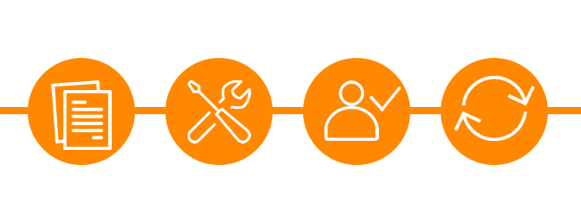 Dokumente, Werkzeuge, eine Person mit Häkchen und ein Recycling-Symbol, dargestellt in orangefarbenen Kreisen.