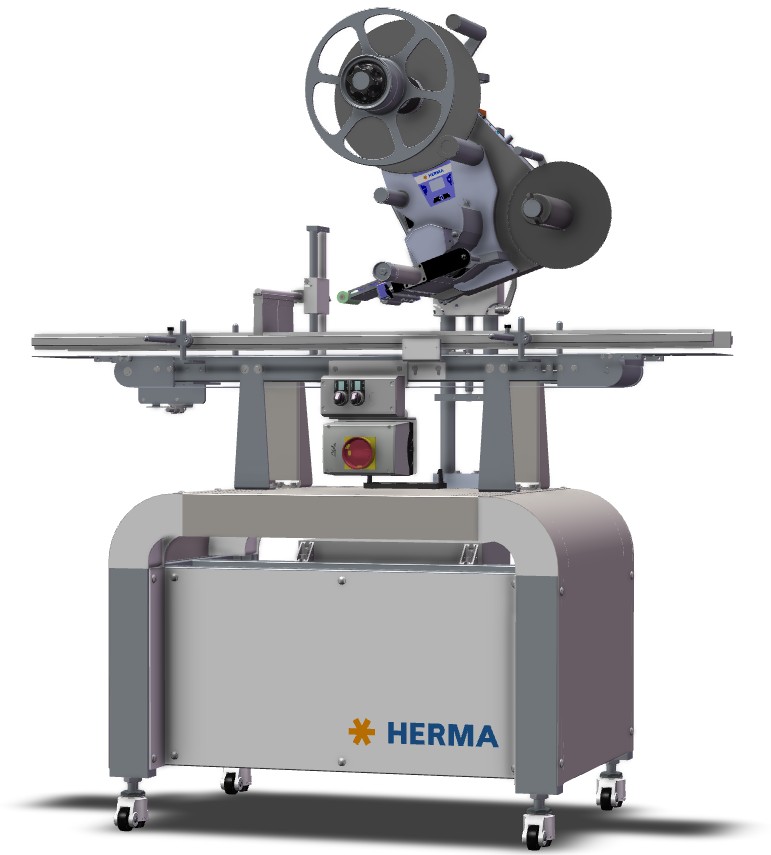 Automatische Etikettiermaschine mit einem Aufwickler und einer Steuerungseinheit, montiert auf einem stabilen Untergestell.