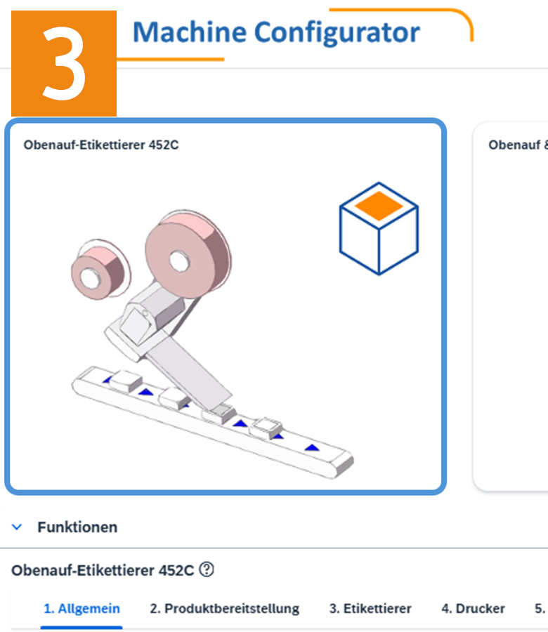 Konfigurator für die Maschine zeigt den Obenauf-Etikettierer 452C mit zwei Rollen und einer Etikettierstation.