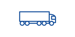 Blaues Symbol eines Lastwagens mit Anhänger, dargestellt in einfacher, minimalistischer Grafik.