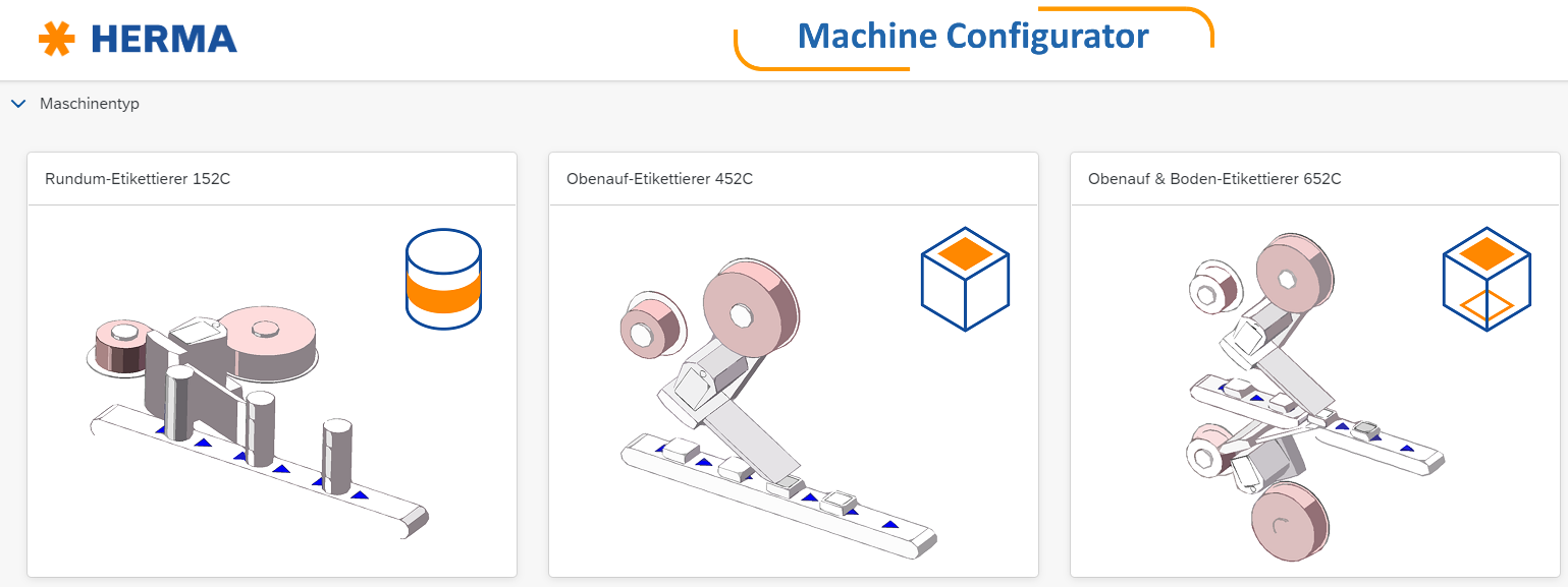 Drei Maschinenkonfiguratoren von HERMA: Rundum-Etikettierer 113C, Oberflächen-Etikettierer 462C und Ober- & Boden-Etikettierer 632C.