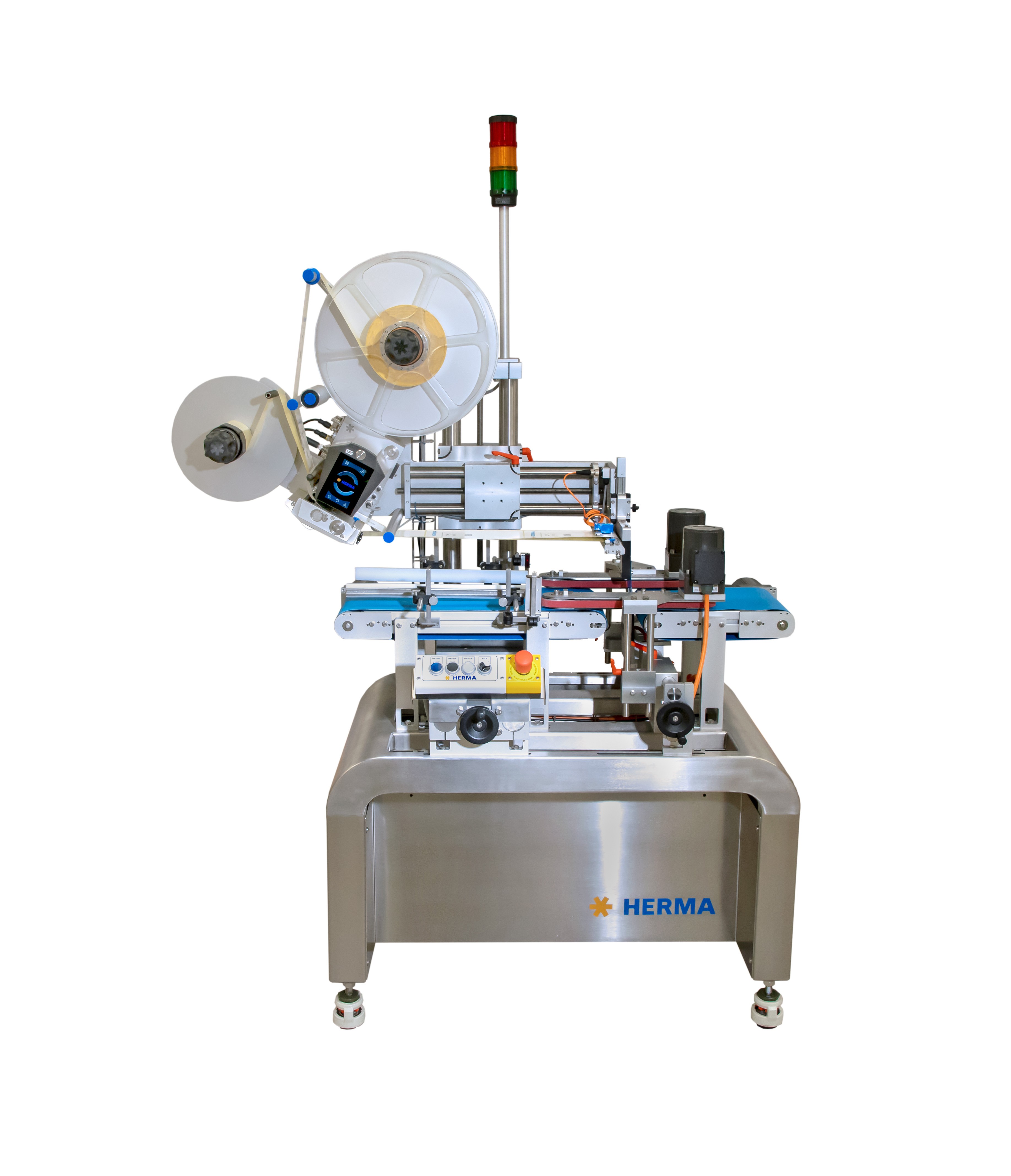 Automatische Etikettiermaschine mit mehreren Komponenten, einschließlich Rollenhalter, Steuerungseinheit und einem stabilen Edelstahlgestell.