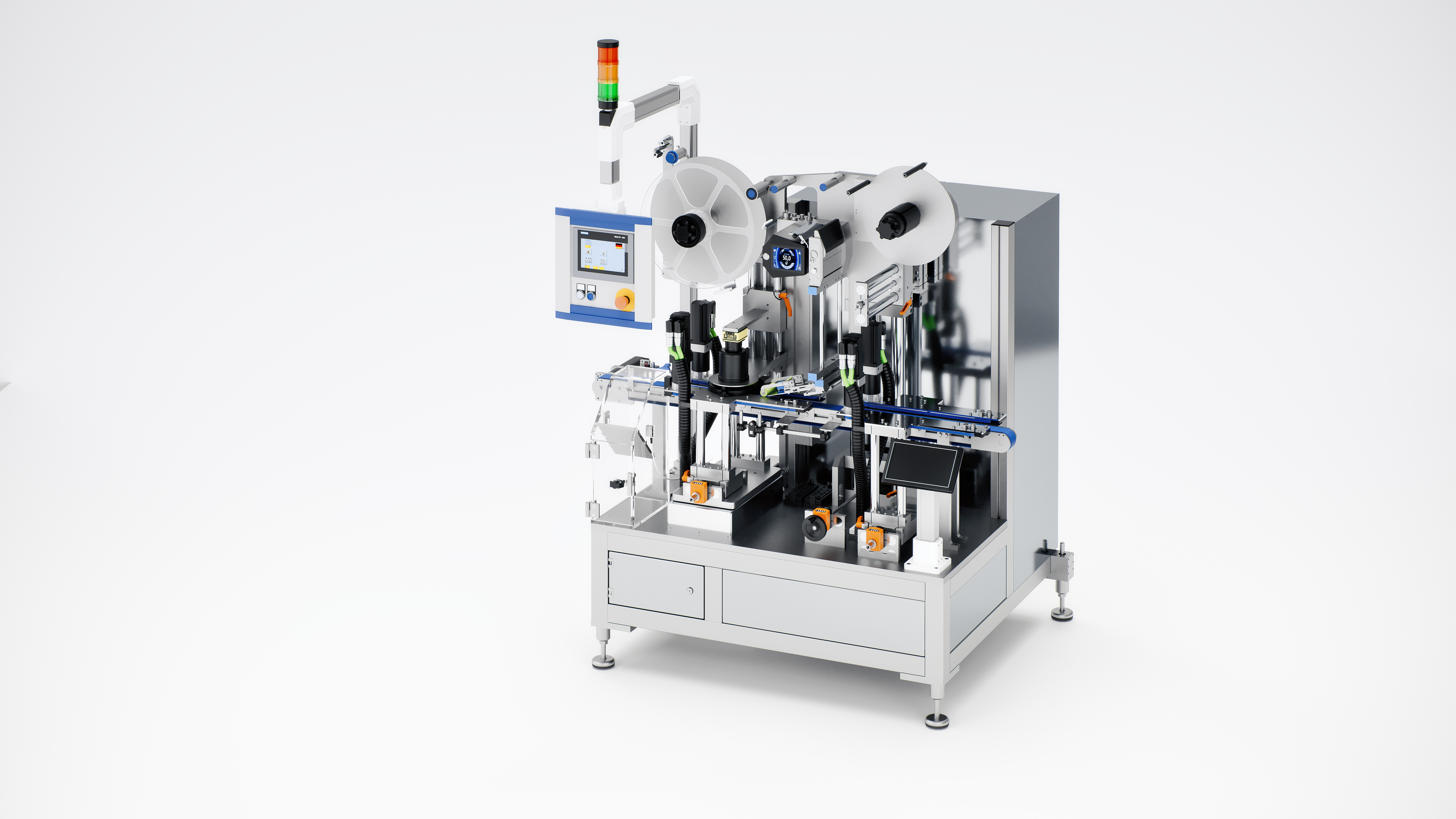 Eine industrielle Maschine mit zwei Spulen, Steuerungseinheit und mehreren mechanischen Komponenten zur Verarbeitung oder Etikettierung von Produkten.