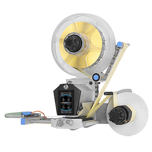 Ein Etikettendrucker mit einer großen Rolle und einem Ausgabemechanismus, der für das Drucken von Etiketten verwendet wird.