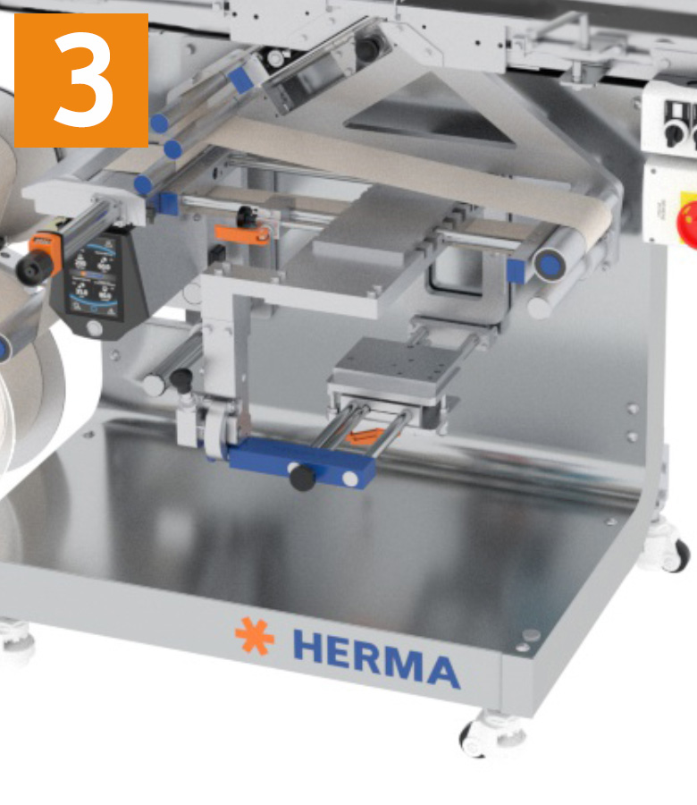 Maschine zur Etikettierung mit verschiedenen Komponenten, darunter Rollen und Steuerungselemente, mit der Aufschrift "HERMA" und der Nummer 3.