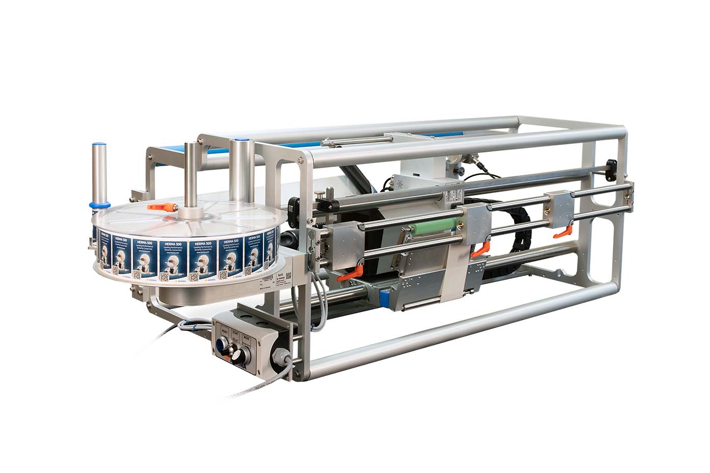 Automatische Etikettiermaschine mit rotierender Etikettenscheibe und mechanischen Komponenten zur Anwendung von Etiketten auf Produkte.