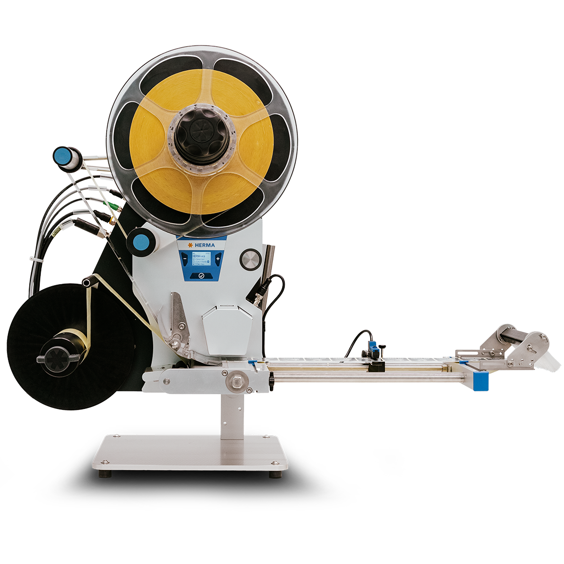 Eine automatisierte Maschine zum Aufbringen von Etiketten, ausgestattet mit einer großen Spule und einem präzisen Zuführmechanismus.