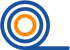 Ein blauer Kreis mit einem orangefarbenen inneren Kreis und einem schwarzen Punkt in der Mitte.