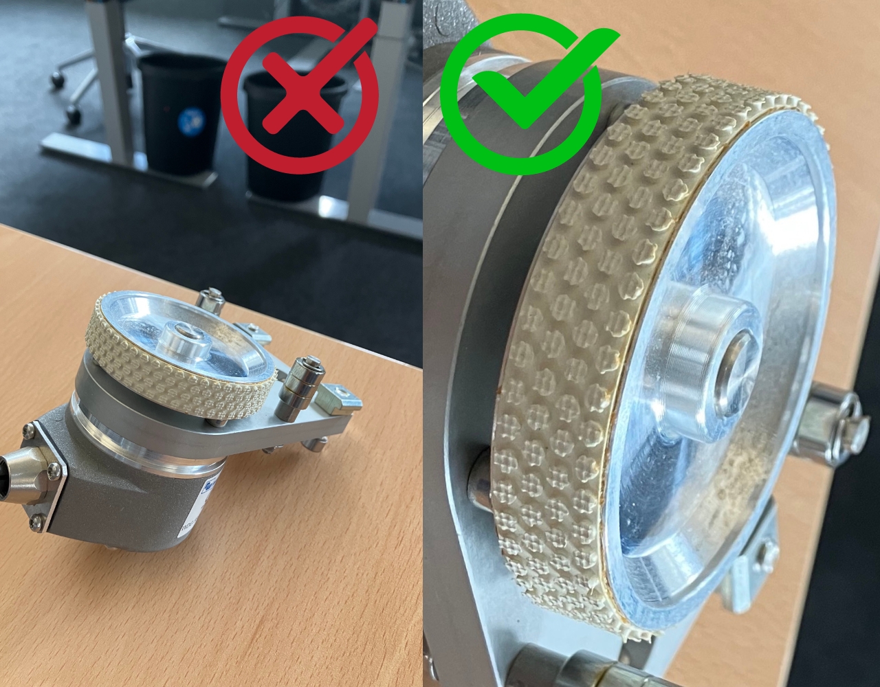 Zwei Ansichten eines mechanischen Teils, das eine korrekte und eine falsche Montage zeigt, mit farbigen Markierungen zur Unterscheidung.