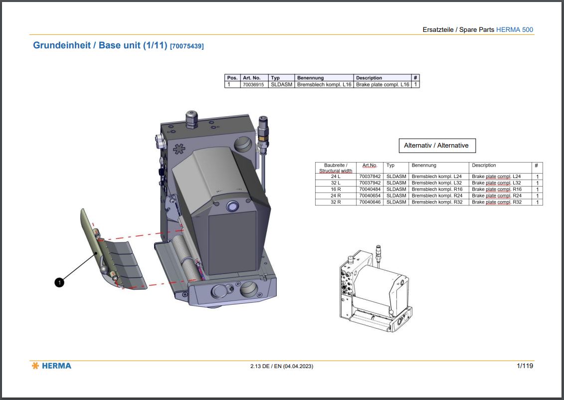 Technische Zeichnung einer Grundeinheit mit Teilenummer und Beschreibung. Enthält eine Tabelle mit Alternativteilen und Spezifikationen.