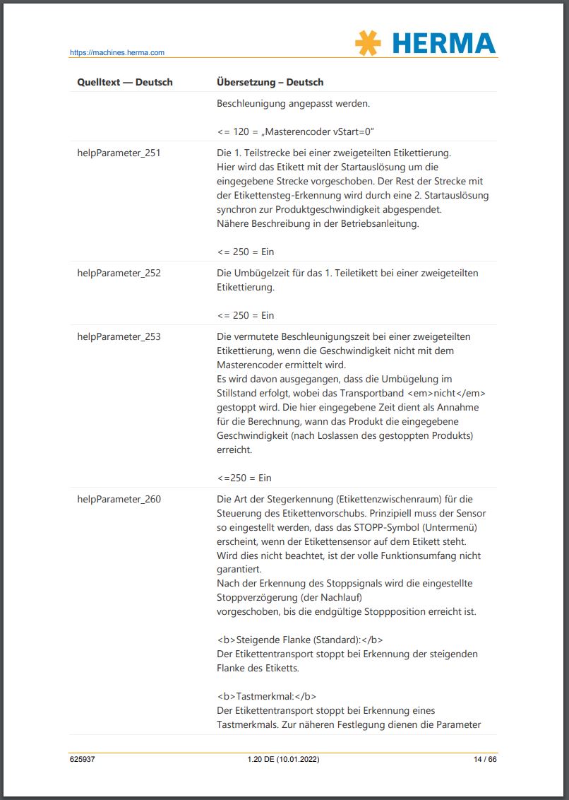 Technische Beschreibung von Parametern für Etikettiermaschinen, einschließlich Einstellungen für Geschwindigkeit und Sensorerkennung.