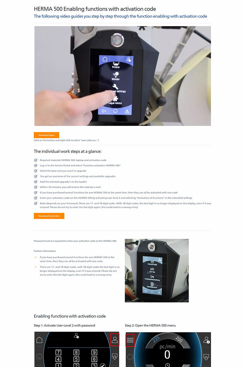 Ein Benutzer aktiviert Funktionen auf einem HERMA 500 Gerät, indem er einen Aktivierungscode eingibt. Der Bildschirm zeigt Optionen zur Benutzeranpassung.
