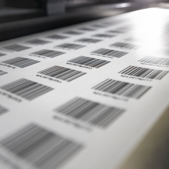 HERMA Barcode-Etiketten mit fortlaufenden Nummern, Etikettenbahn in der Digitaldruck Maschine