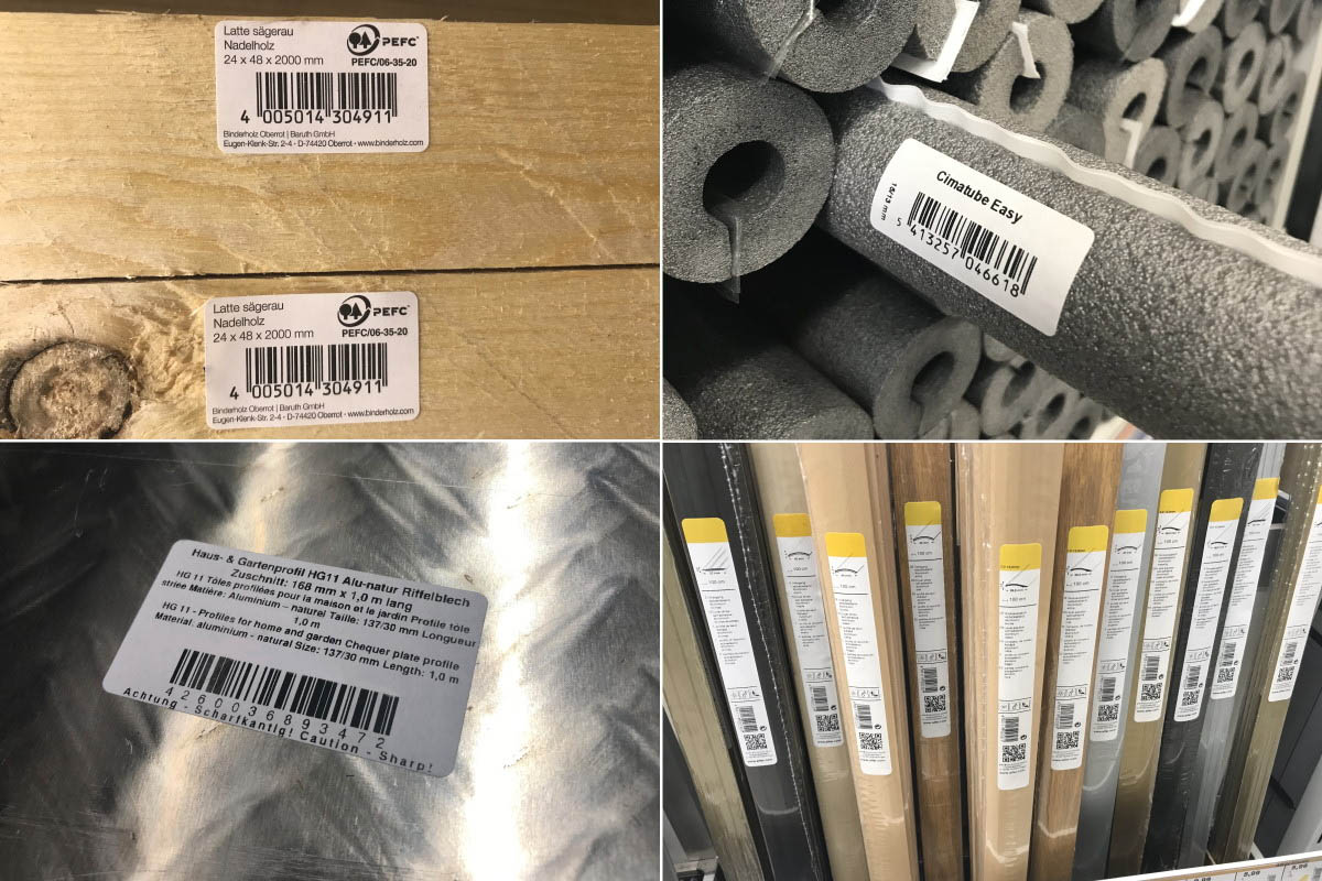 Lösungen Baustoffsektor: Produktetiketten mit speziellen Eigenschaften für schwierige Oberflächen (Holz, Styropor, Riffelblech, Schrumpffolie)