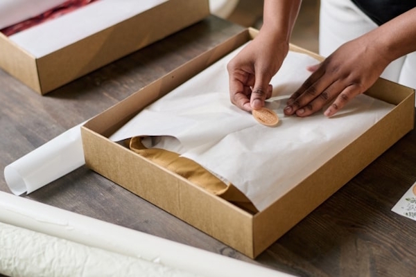 Eine Person legt ein Stück Papier in eine braune Geschenkbox und befestigt einen Aufkleber darauf.
