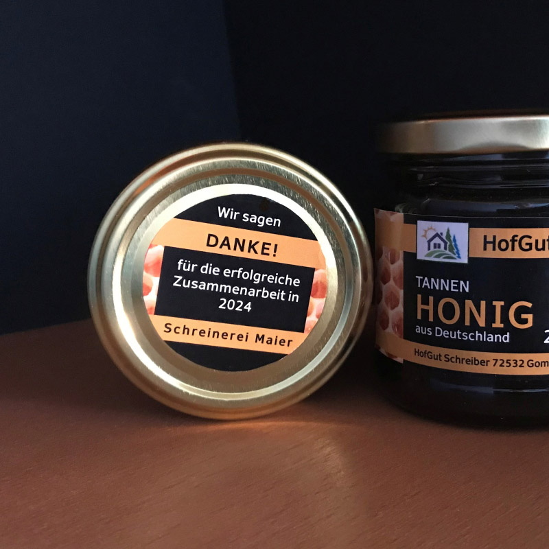 Rollenetiketten im Digitaldruck online bestellen: Honigetiketten, personaliertes rundes Deckeletikett und Honigglas mit Frontetikett, Detail