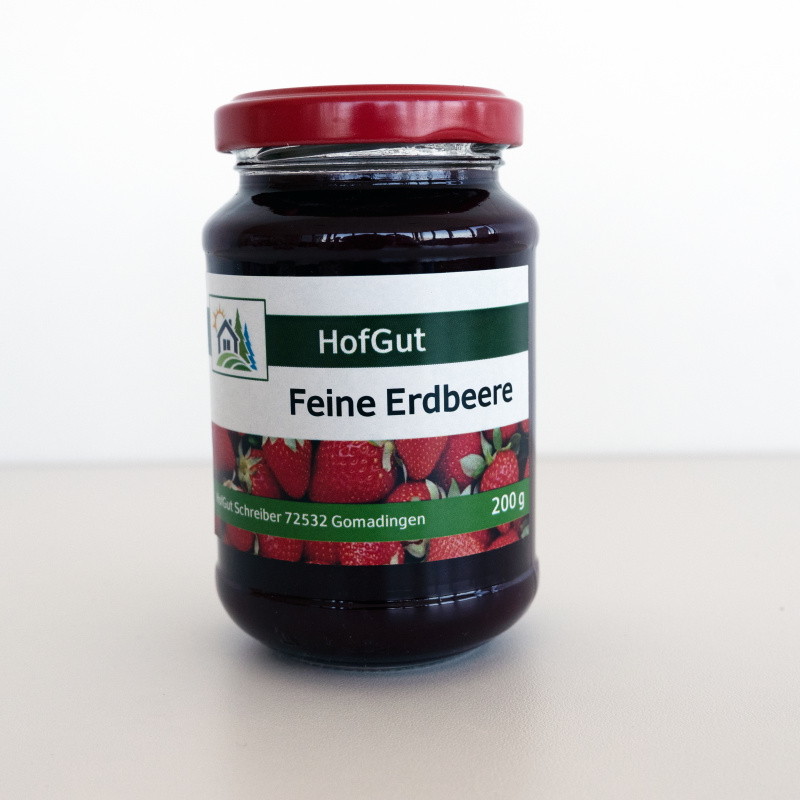 Rollenetiketten im Digitaldruck online bestellen: Marmeladenetiketten "Feine Erdbeere" auf Glas, heller Hintergrund