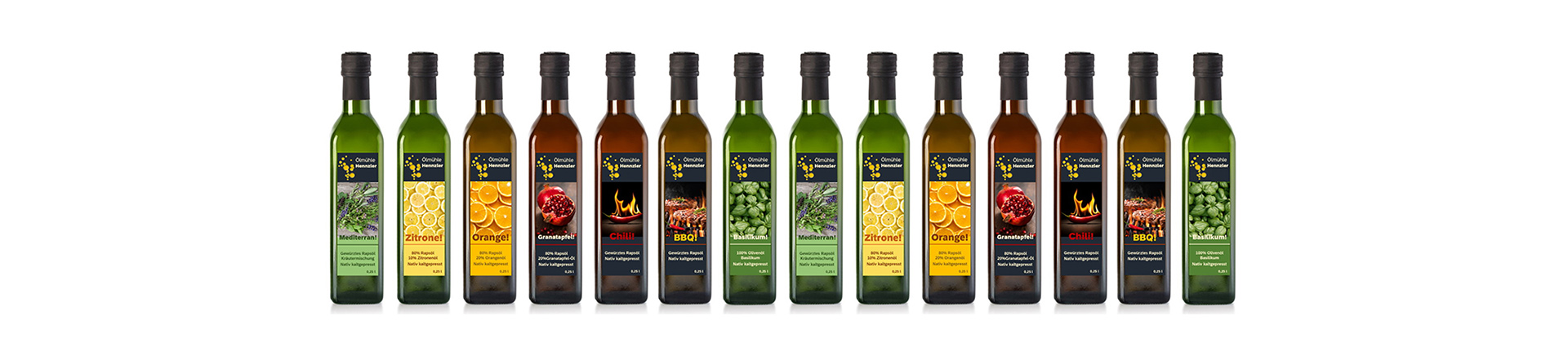 Rollenetiketten im Digitaldruck online bestellen: verschiedene Öl-Etiketten auf Flaschen, Querformat