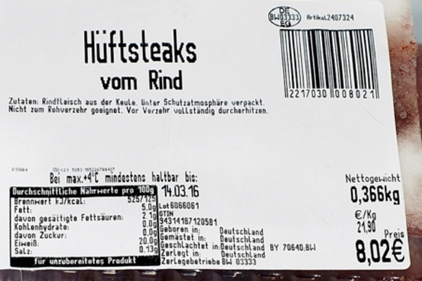 Fleischetikett mit Barcode und Herkunftsangaben