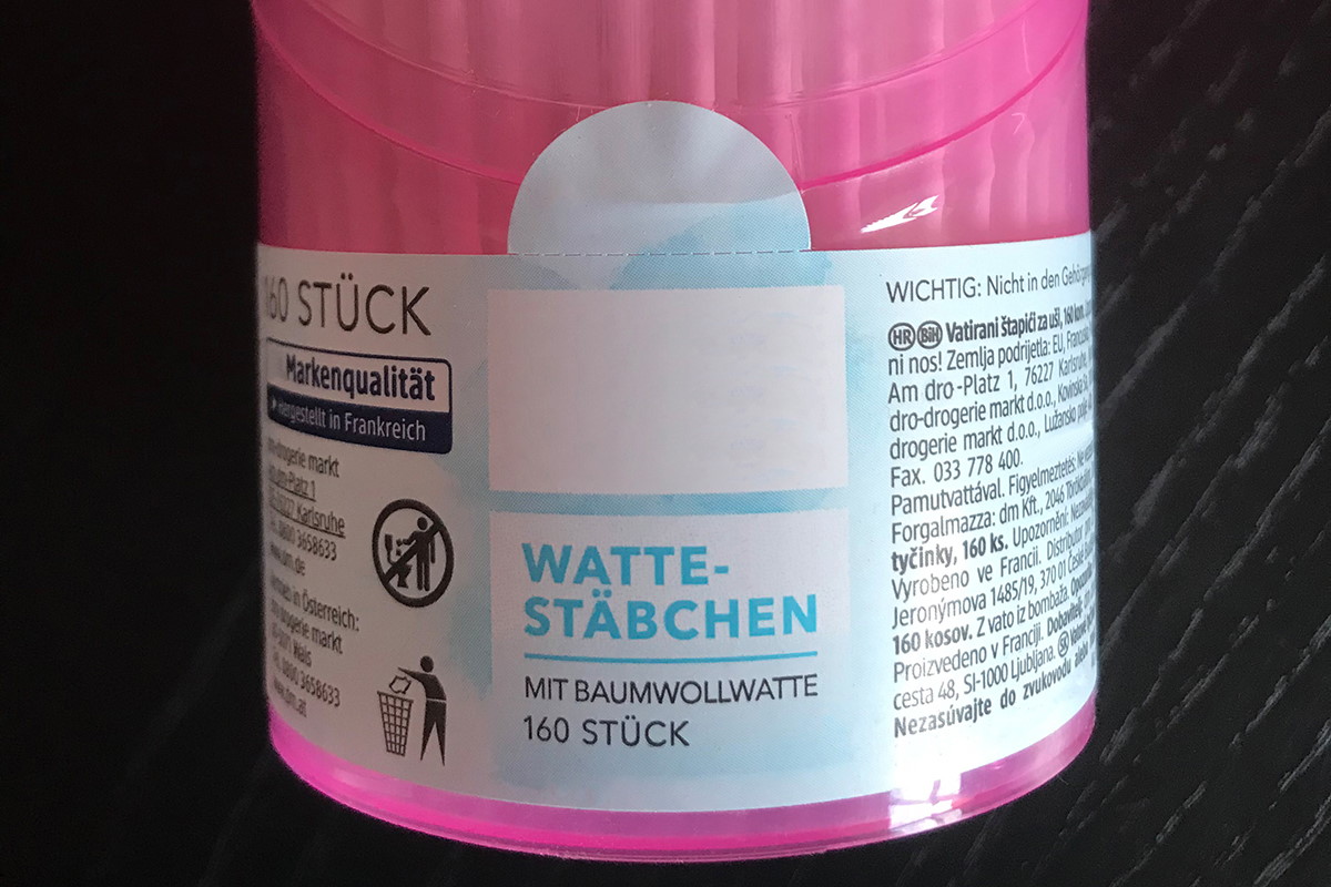 Two-in-one Produktetikett und Verschlussetiketten, Digitaldrucketiketten in Sonderform auf Wattestäbchendose