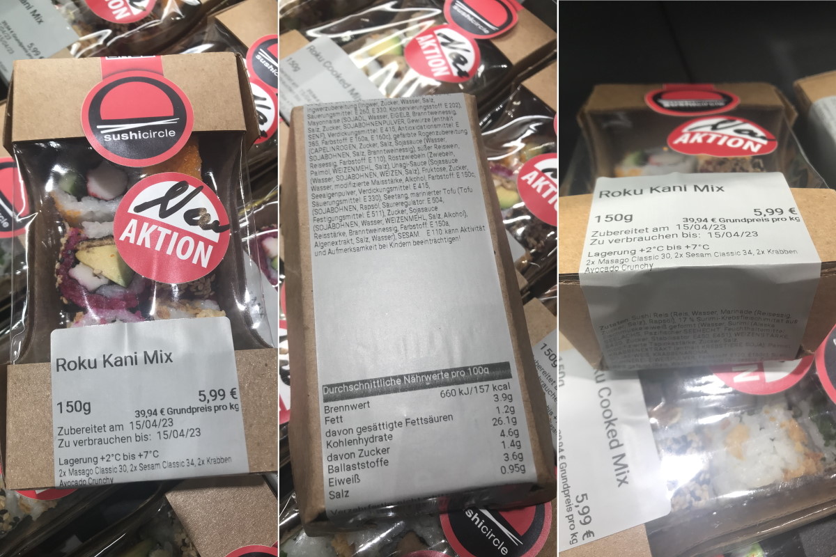 Lösungen Lebensmittel: Produktkennzeichnungsetikett auf einer Take-away.Verpackung mit Sushi, dient in Übereckverklebung gleichzeitig als Verschlussetikett