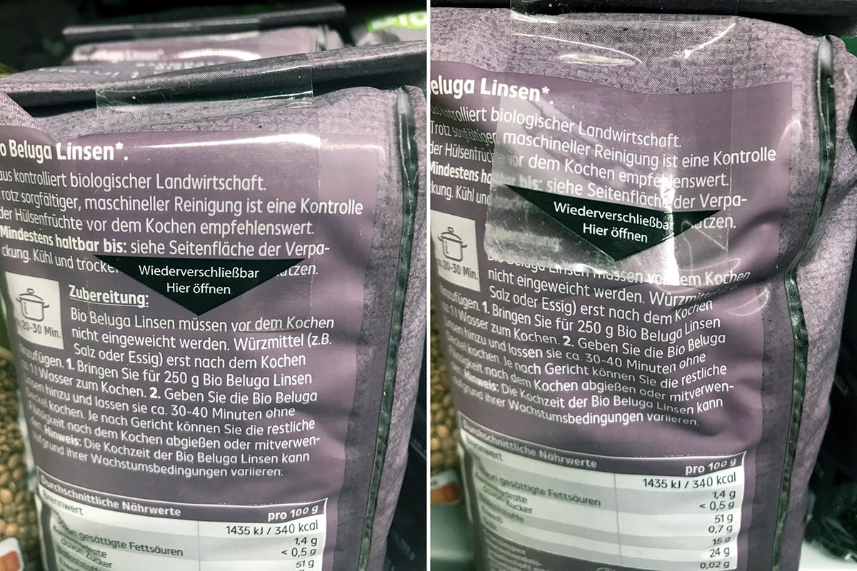 Verschlussetiketten: transparentes Wiederverschlussetikett mit farbig bedruckter Anfasslasche, auf Schlauchbeutelverpackung mit Linsen