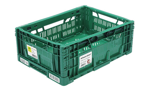Green reusable container (hinged box), ideal for labelling with wash-off labels