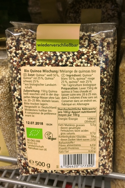 Bedrucktes Produktetikett und Wieder Verschlussetikett, auf einer Körnerverpackung