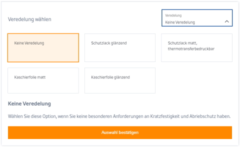 Etiketten-Konfigurator: Auswahl Veredelung