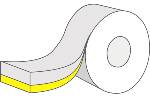 HERMA InNo-Liner: Aufbau des Haftverbunds mit Etikettenpapier (hellgrau) und wasseraktivierbarem Haftkleber (gelb)