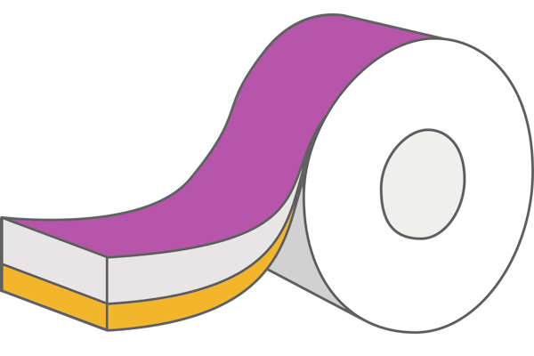 HERMA Linerless Etiketten klassisch: Aufbau des Haftverbunds mit Silikontrennschicht (magenta), Etikettenpapier (hellkgrau) und Haftkleber selbstklebend (ocker)