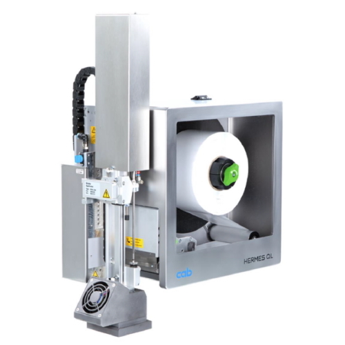 HERMA InNo-Liner: Hochleistungsdrucker HERMES QL von cab, ausgestattet mit einem großen Rollenhalter und einer präzisen Druckeinheit für HERMA InNo-Liner-Etiketten.
