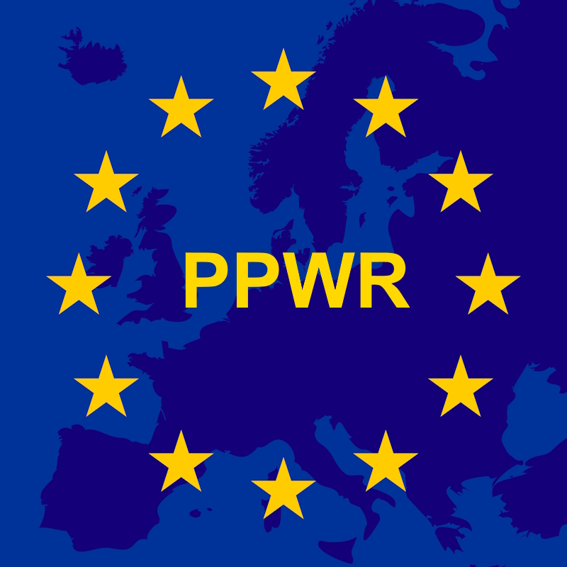 Blaues Hintergrunddesign mit einer Karte von Europa und gelben Sternen. In der Mitte steht der Text "PPWR".