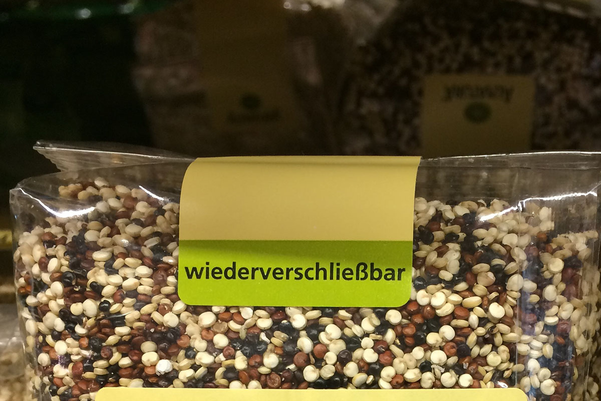 Verschluss-Etiketten: bedrucktes Wieder Verschlussetiketten, auf einer Körnerverpackung
