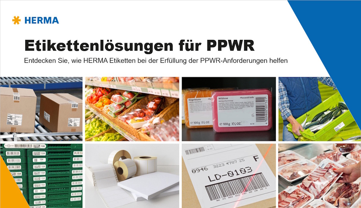 Etikettierungslösungen für PPWR. Verschiedene HERMA-Etiketten auf Verpackungen, Lebensmitteln und Produkten zur Erfüllung von PPWR-Anforderungen. Titelseite Whitepaper deutsch