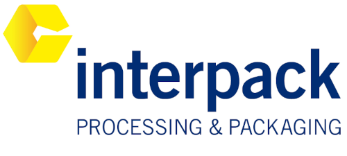 Logo der interpack-Messe, die sich auf Verarbeitung und Verpackung spezialisiert hat. Gelbes Symbol und blaue Schrift.