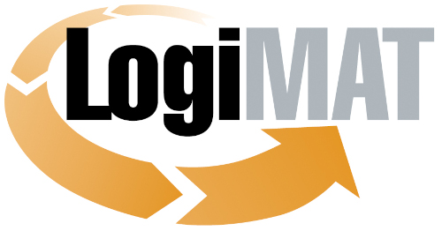 LogiMAT-Logo mit einem kreisförmigen Pfeildesign in Gold und Grau, das den Fokus auf Logistik und Materialfluss symbolisiert.