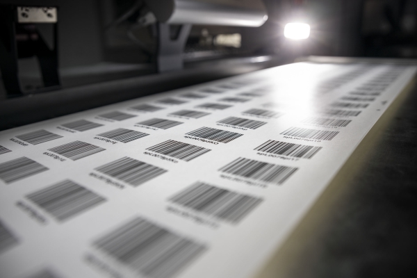 HERMA Barcode-Etiketten mit fortlaufenden Nummern, Etikettenbahn in der Digitaldruck Maschine