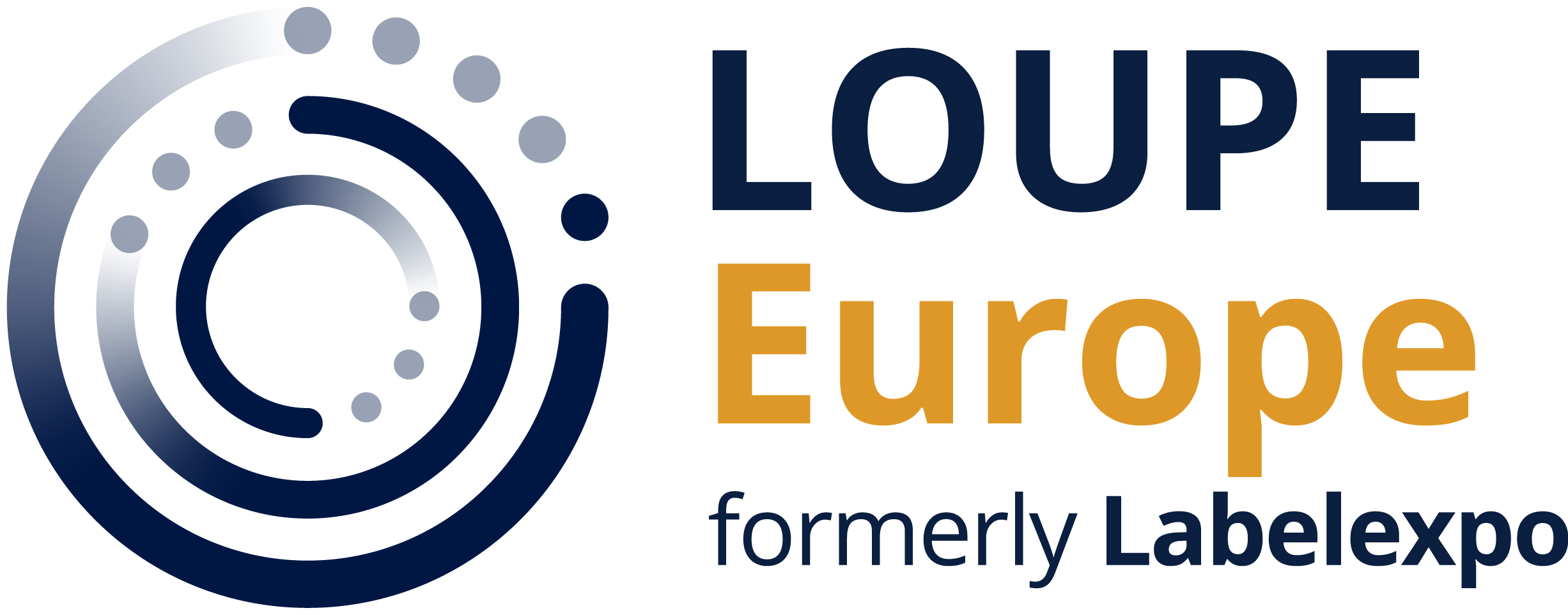 LOUPE Europe-Logo, ehemals Labelexpo, mit einem grafischen Element in Form eines Kreises und dem Schriftzug in Blau und Orange.