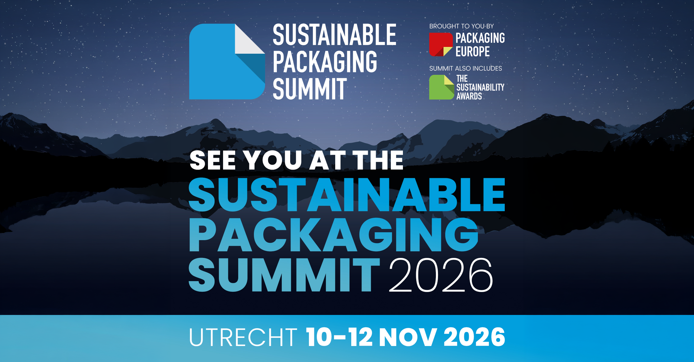 Nachhaltiger Verpackungsgipfel 2026 in Utrecht, 10-12. November. Einladung zur Teilnahme an der Veranstaltung und den Nachhaltigkeitspreisen.