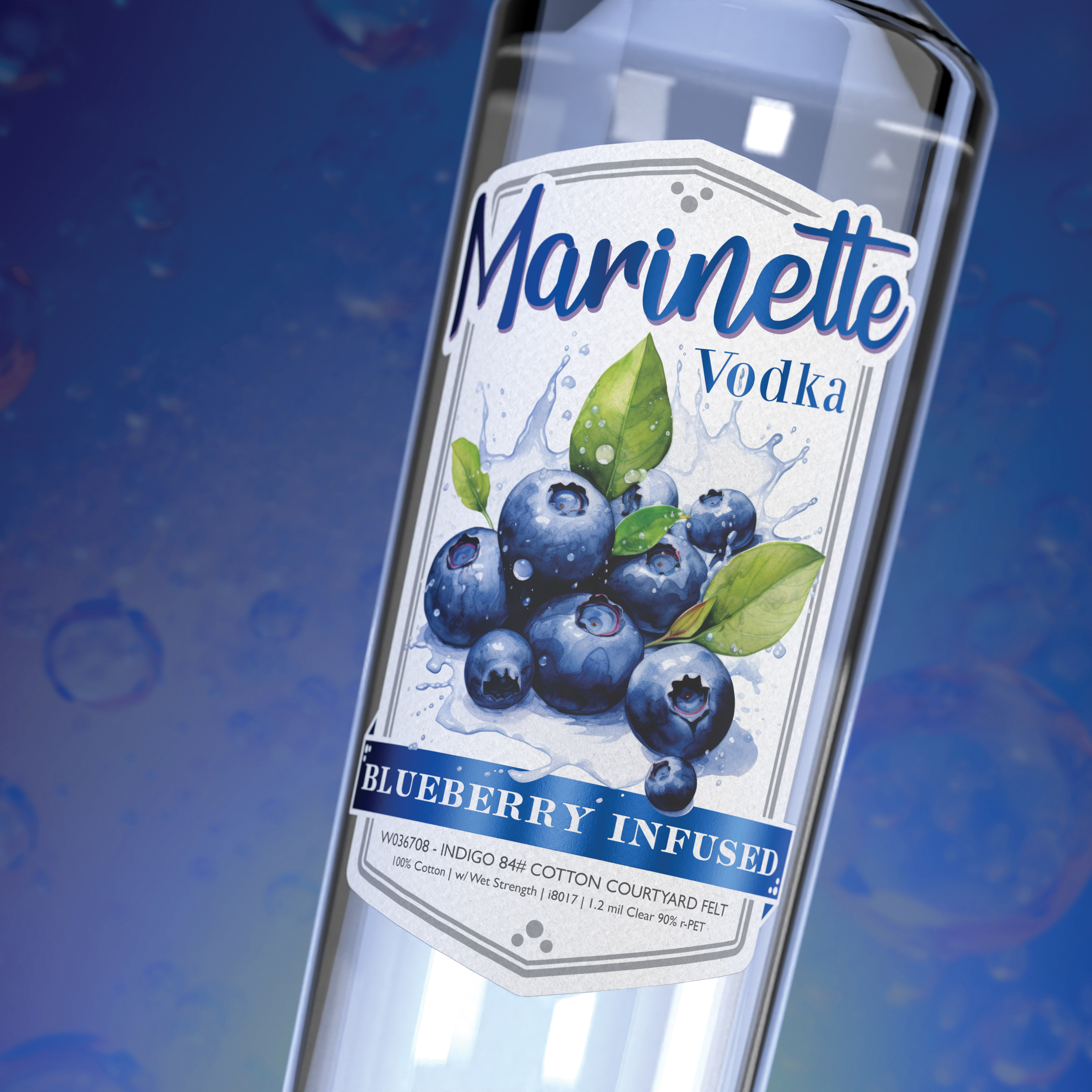 Marinette Vodka-Flasche mit einem Etikett, das Blaubeeren und den Text "Blueberry Infused" zeigt.