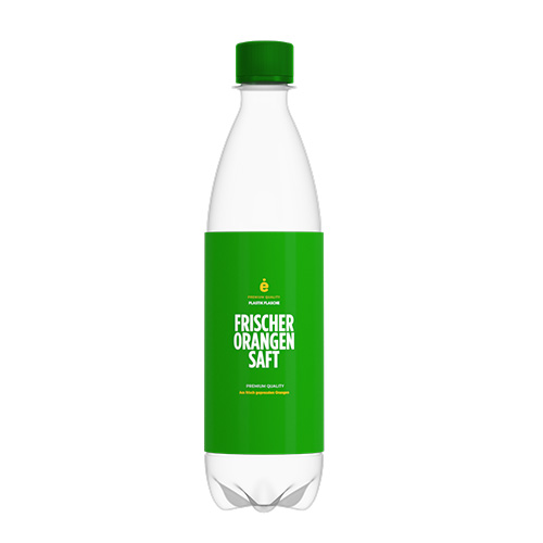 Flasche mit frischem Orangensaft, grüne Etikettierung, Premium-Qualität.