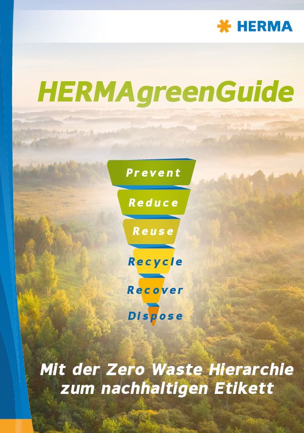 HERMAgreenGuide mit einer Hierarchie für nachhaltige Praktiken: Verhindern, Reduzieren, Wiederverwenden, Recyceln, Wiedergewinnen, Entsorgen.