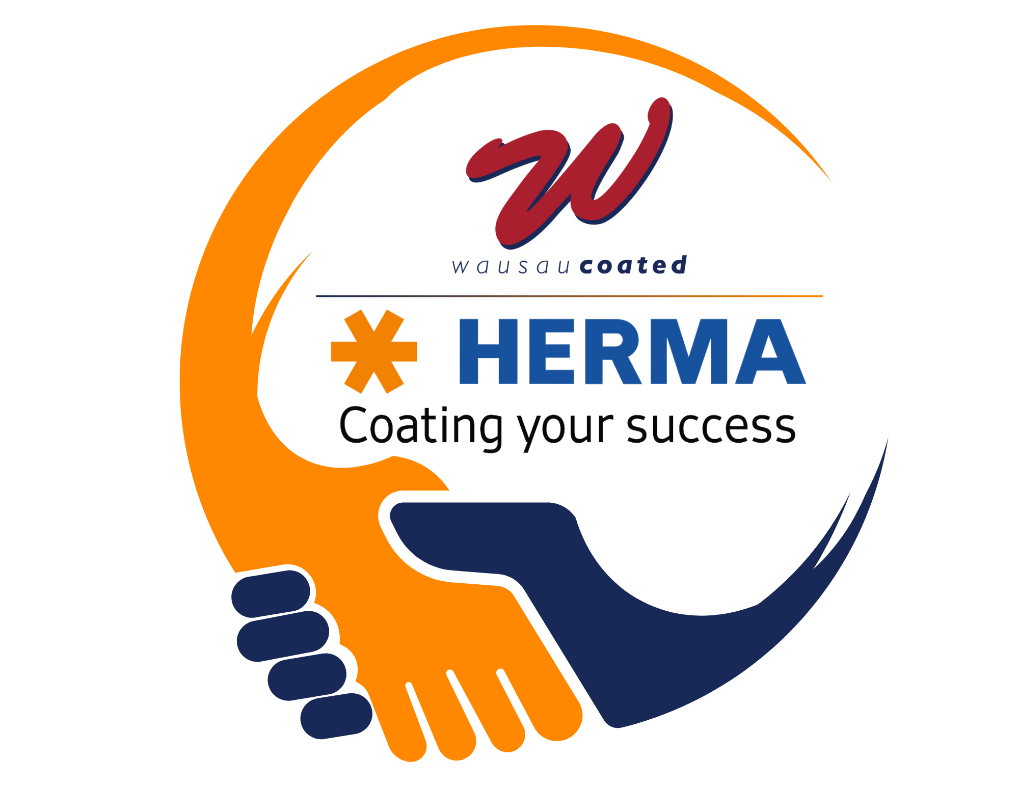 Logo mit zwei Händen, die sich umschließen, und dem Text "HERMA Coating your success" sowie dem Schriftzug "wausau coated".
