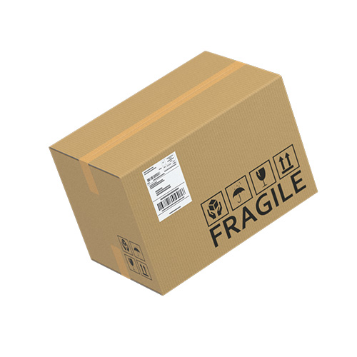 Kartonverpackung mit dem Aufdruck "FRAGILE" und Versandetikett, das auf zerbrechlichen Inhalt hinweist.