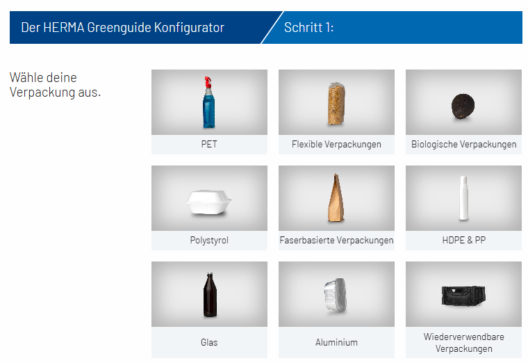 Der HERMA Greenguide Konfigurator zeigt verschiedene Verpackungsoptionen: PET, flexible Verpackungen, biologische Verpackungen, Polystyrol, faserbasierte Verpackungen, HDPE & PP, Glas, Aluminium und wiederverwendbare Verpackungen.