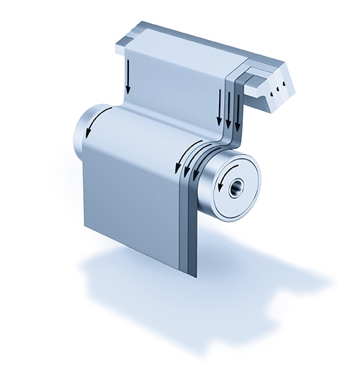Ein mechanisches Bauteil mit einem gewellten Design und Pfeilen, die die Bewegungsrichtung anzeigen.