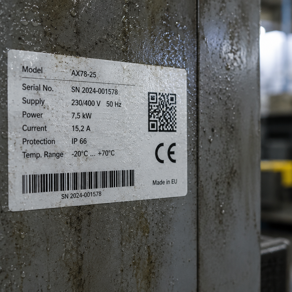 Typenschild eines Geräts mit Modell AX78-25, Seriennummer SN 2024-001578, technischen Spezifikationen und CE-Kennzeichnung.