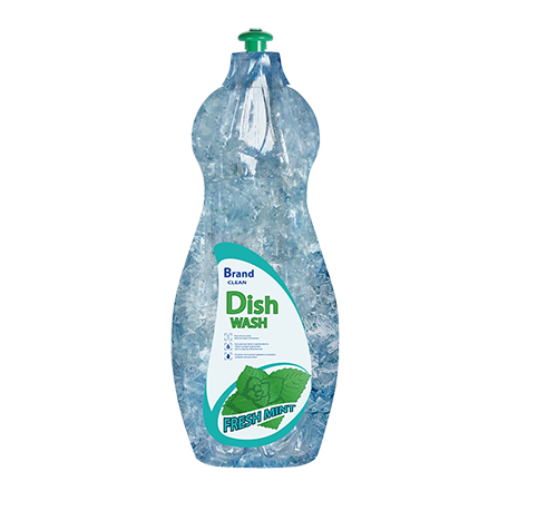 Flasche mit Geschirrspülmittel in blauer Farbe, beschriftet mit "Dish Wash" und "Fresh Mint".