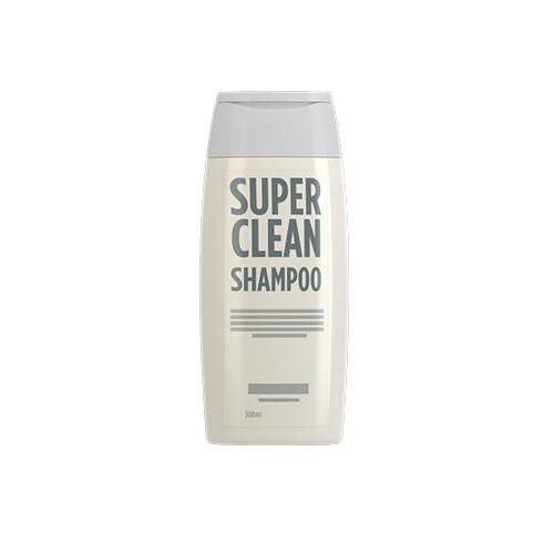 Flasche mit Shampoo, beschriftet mit "SUPER CLEAN SHAMPOO", Inhalt 300 ml.